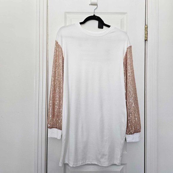 White Sequin Puff Sleeve Shift Mini Dress - Picture 3 of 4